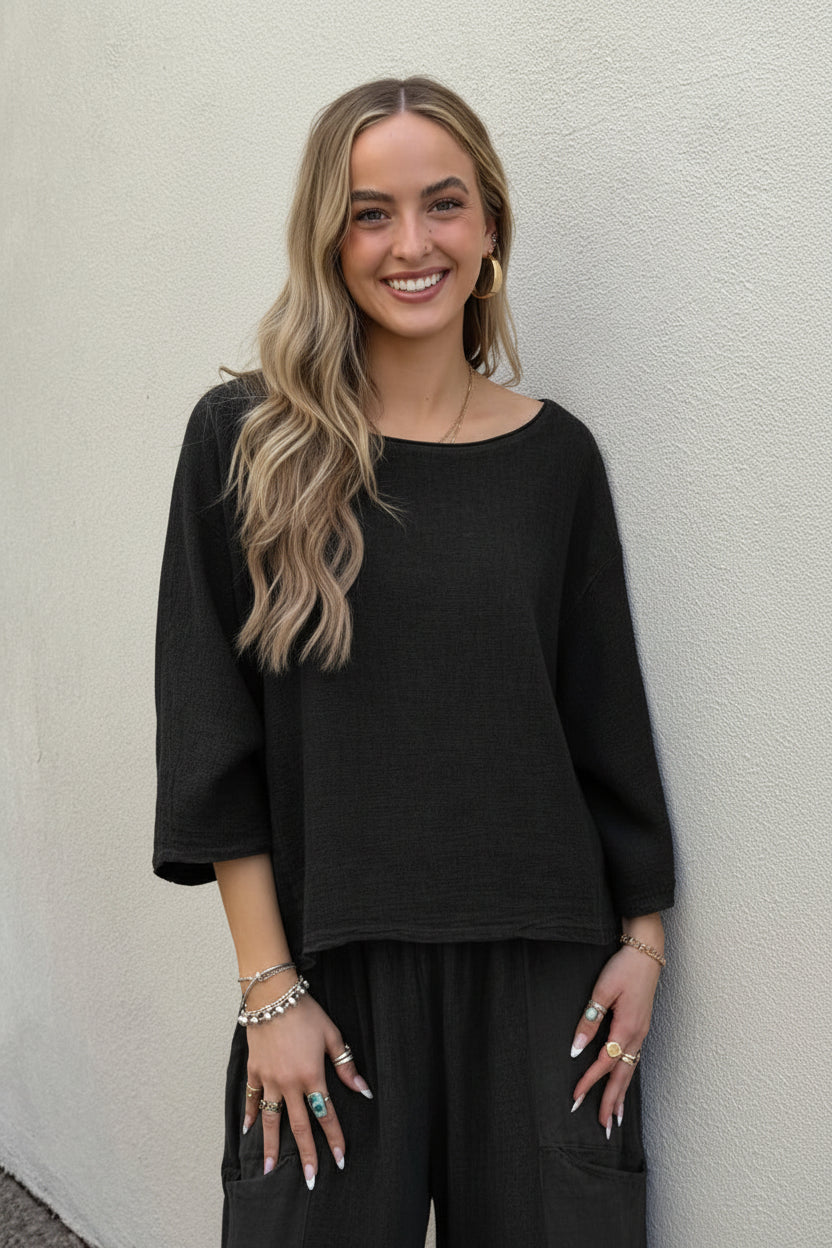 Meo Linen Boxy Dolman Tee (Black)