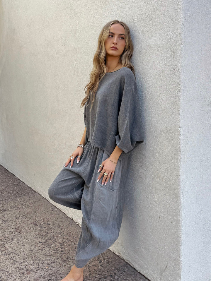 Meo Linen Boxy Dolman Tee (Charcoal)
