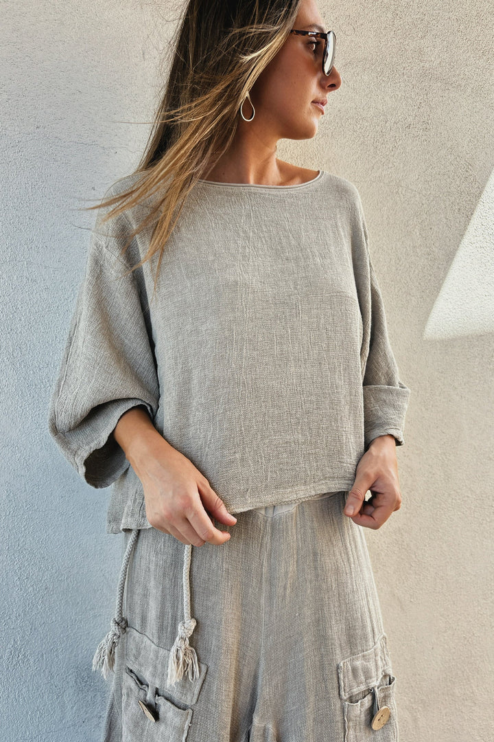 Meo Linen Boxy Dolman Tee (Taupe)