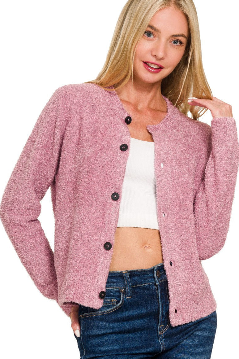 Zen Fuzzy Button Cardigan (Light Rose)