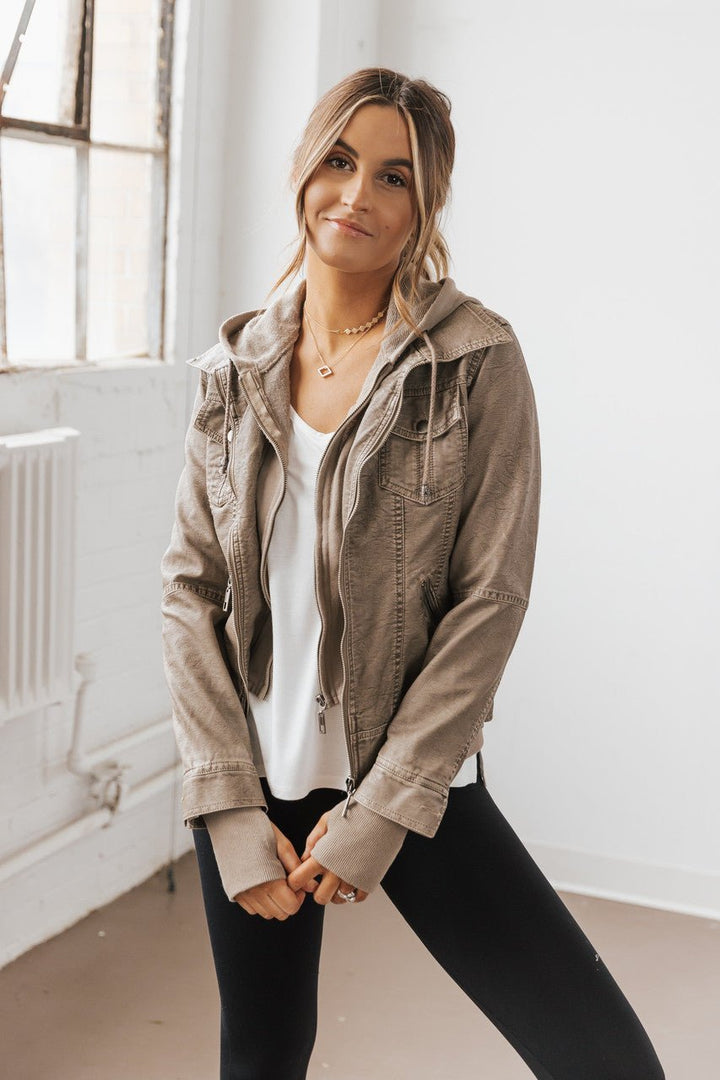 Girl Next Door Vegan Leather Jacket (Taupe)