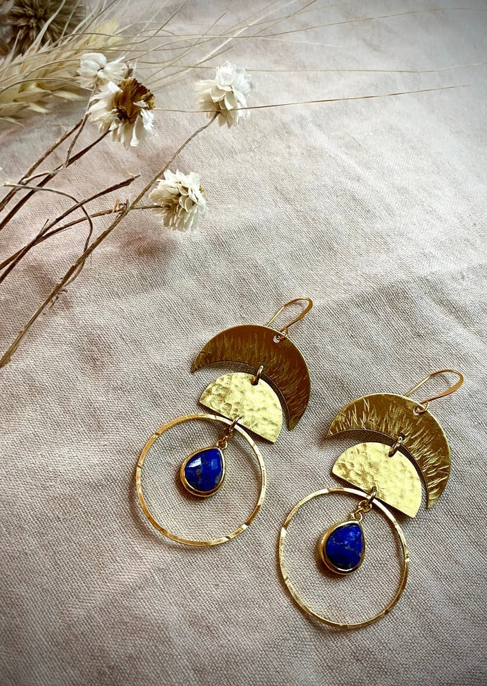 Brass, boho earrings with Sterling silver and Lapis Vibe Apparel