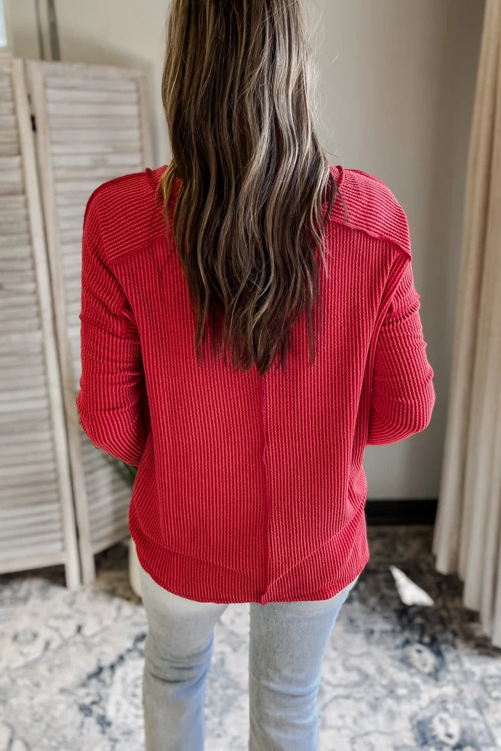 Zen Ribbed Long Sleeve Top (Ruby)