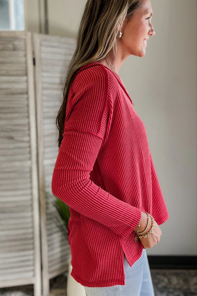 Zen Ribbed Long Sleeve Top (Ruby)