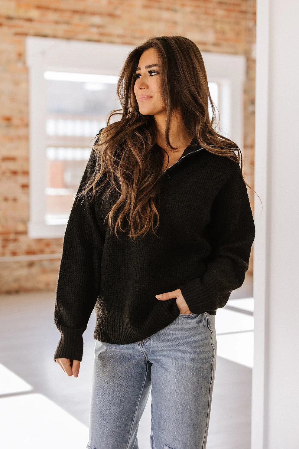 Zen Oxford Knit Zip Sweater (Black)