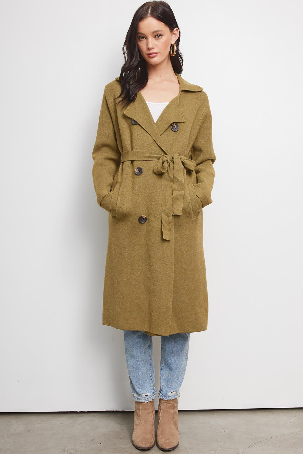 Jolie Cashmere Knit Trench Coat (Olive)