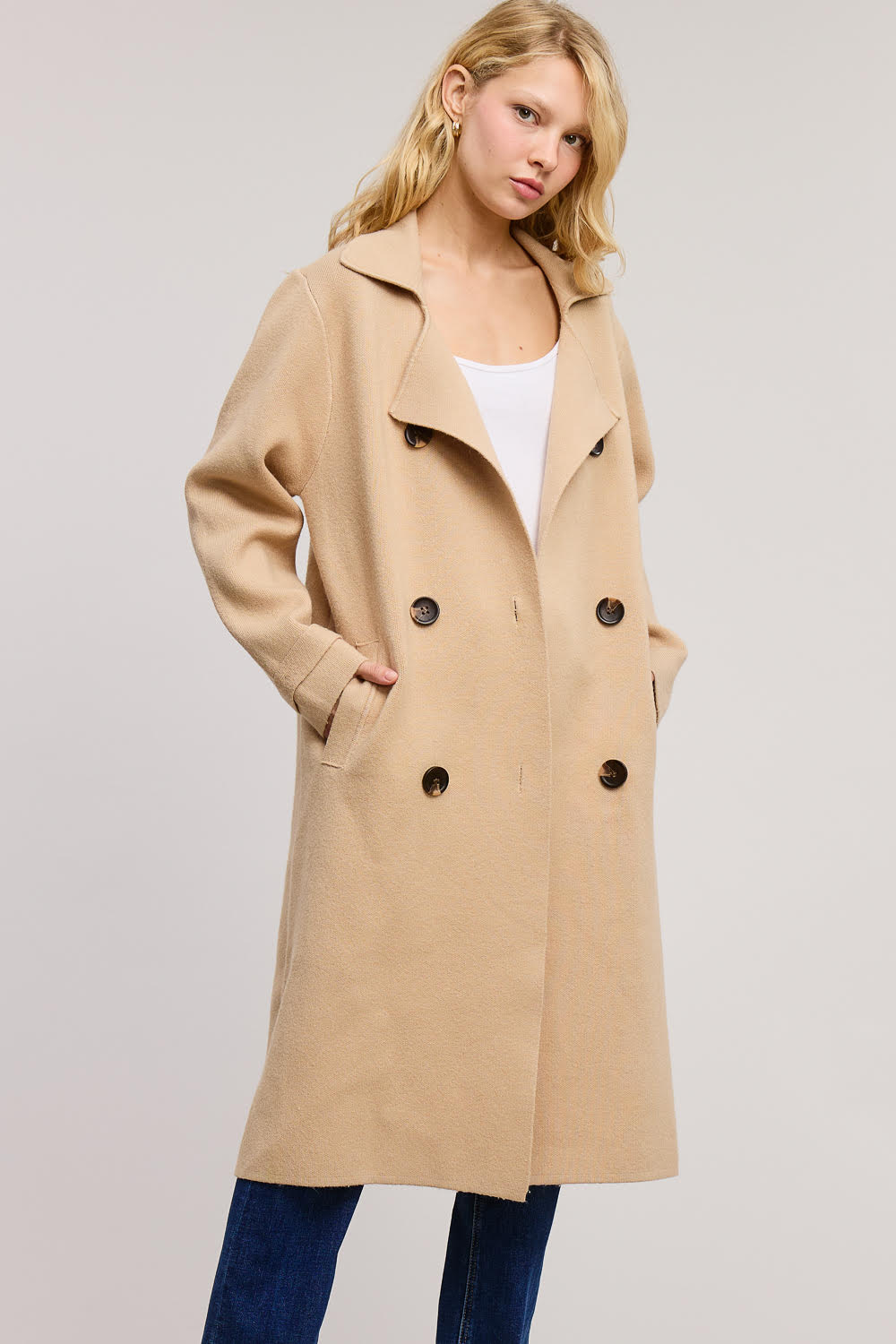 Jolie Cashmere Knit Trench Coat (Camel)