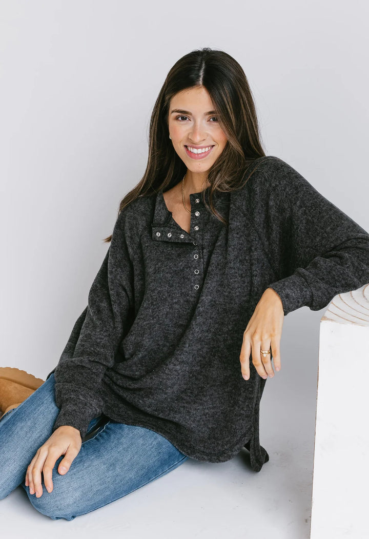 Zen Ultra Soft Button Knit Top (Black)