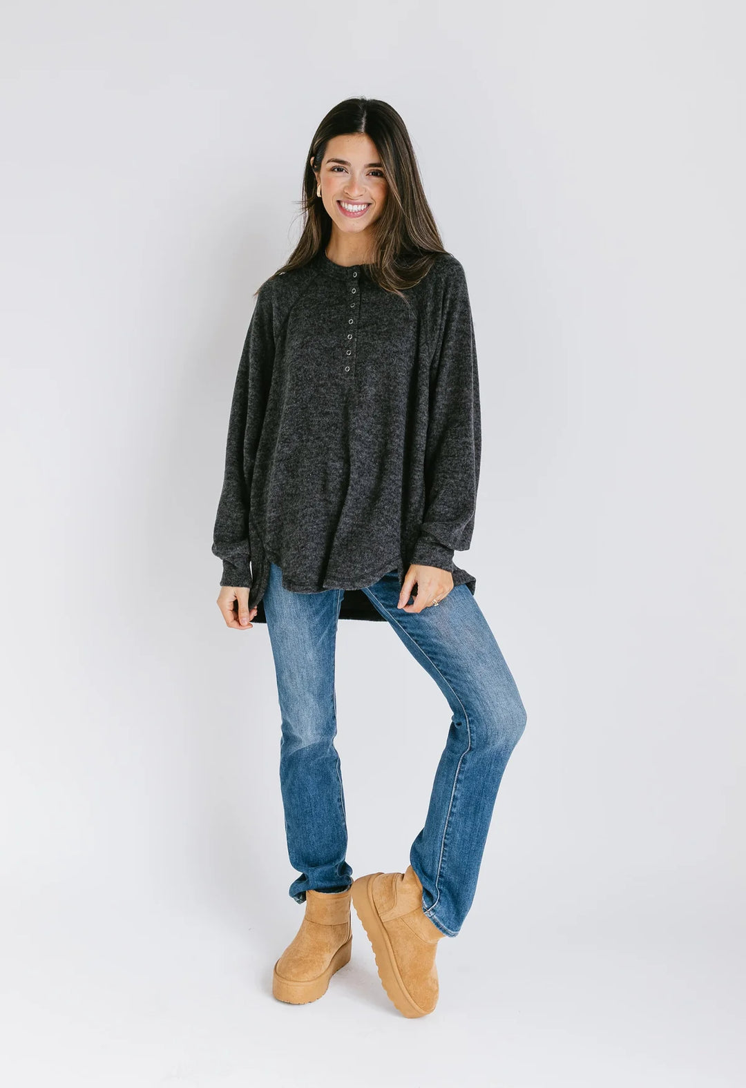 Zen Ultra Soft Button Knit Top (Black)