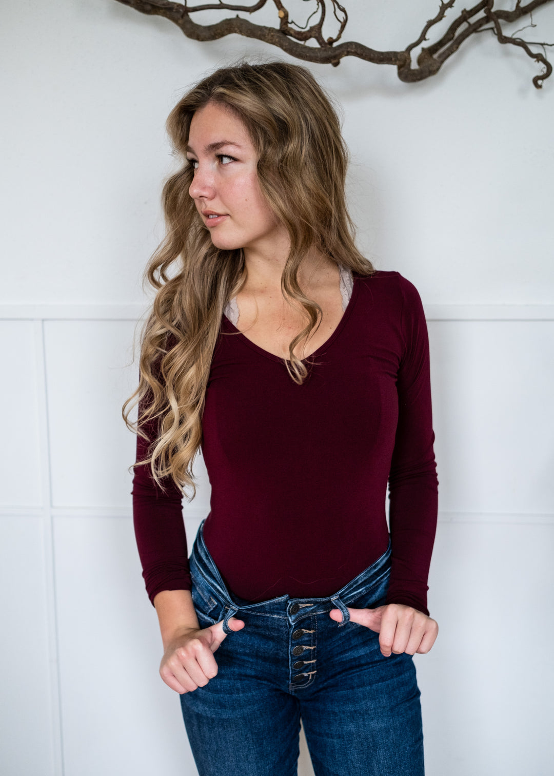 Bamboo Layering V Neck Top (Bordeaux)