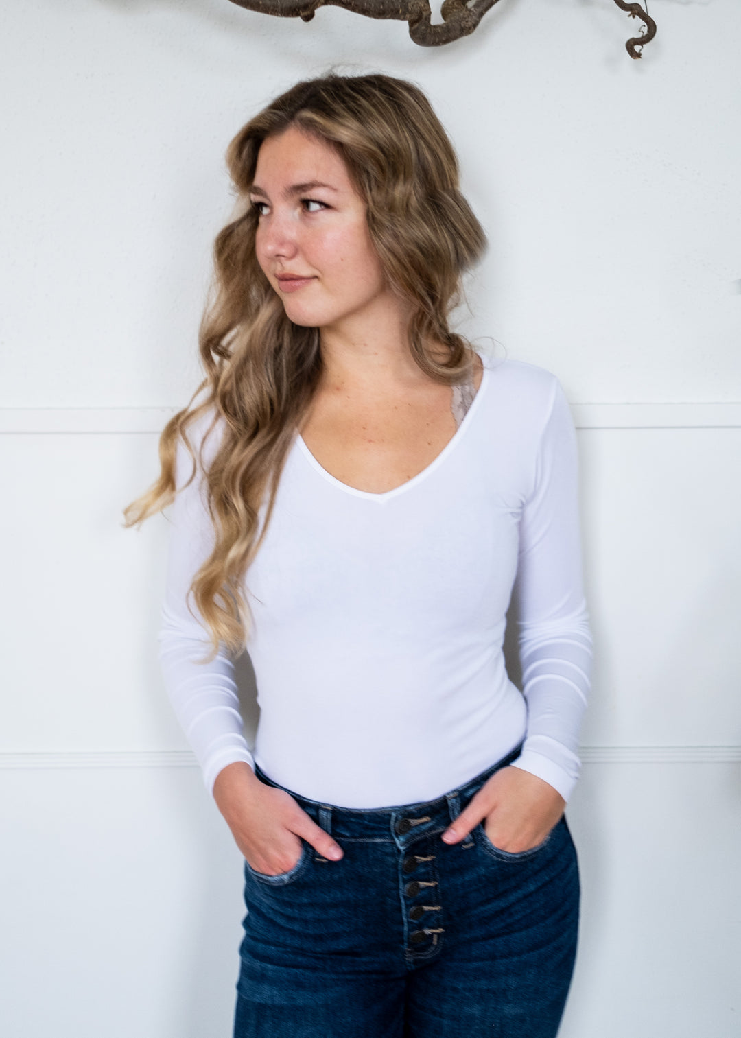 Bamboo Layering V Neck Top (White)