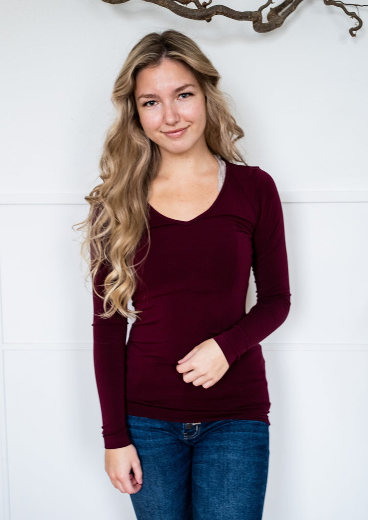 Bamboo Layering V Neck Top (Bordeaux)