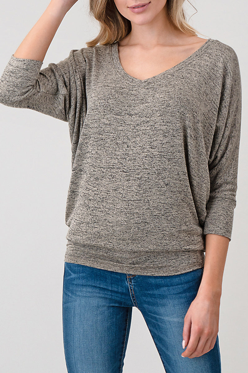 Natural Vibe Knit V Top (Heather Taupe)