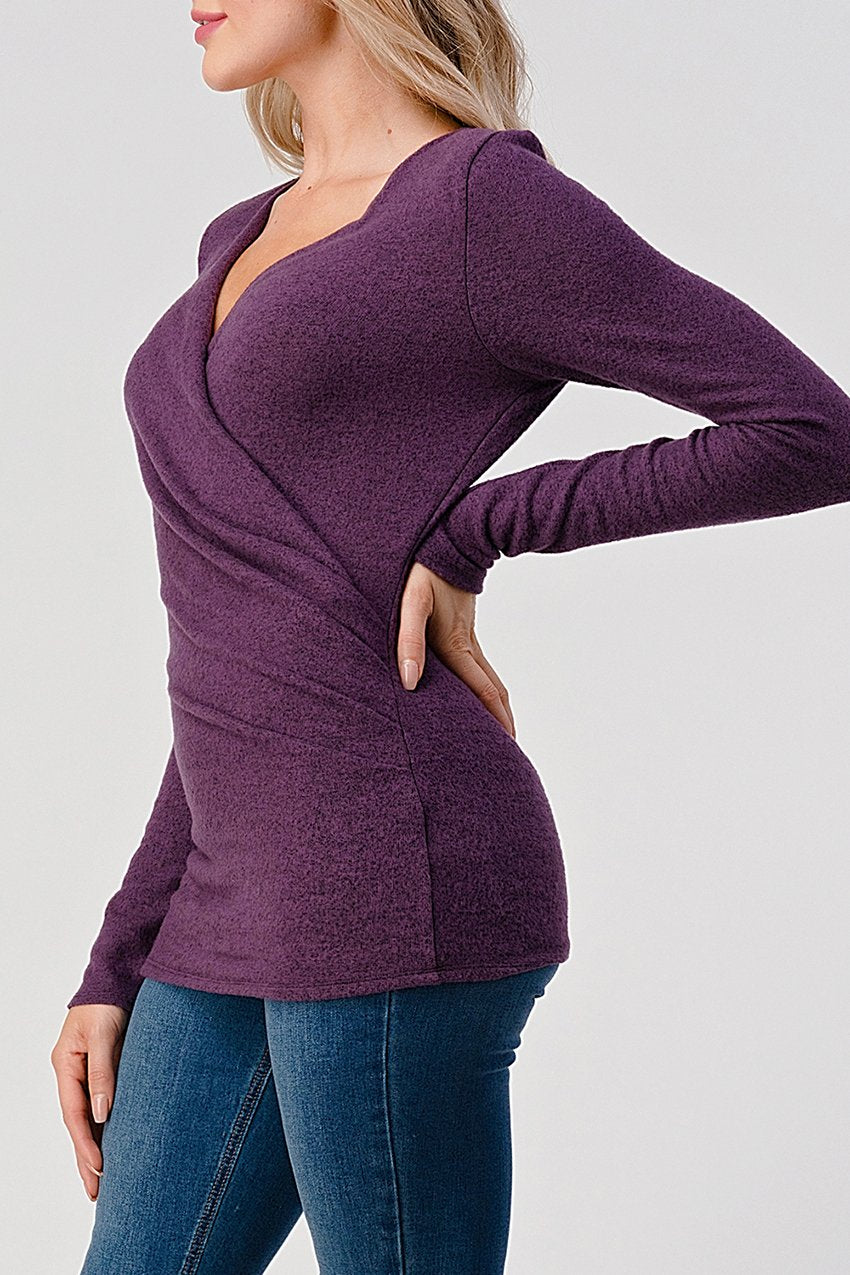 Natural Vibe Wrap Brushed Blouse (Eggplant)