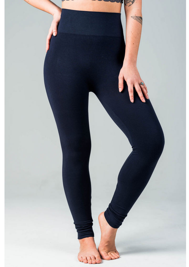 Navy, high rise bamboo legging with a comfy waistband and full-length