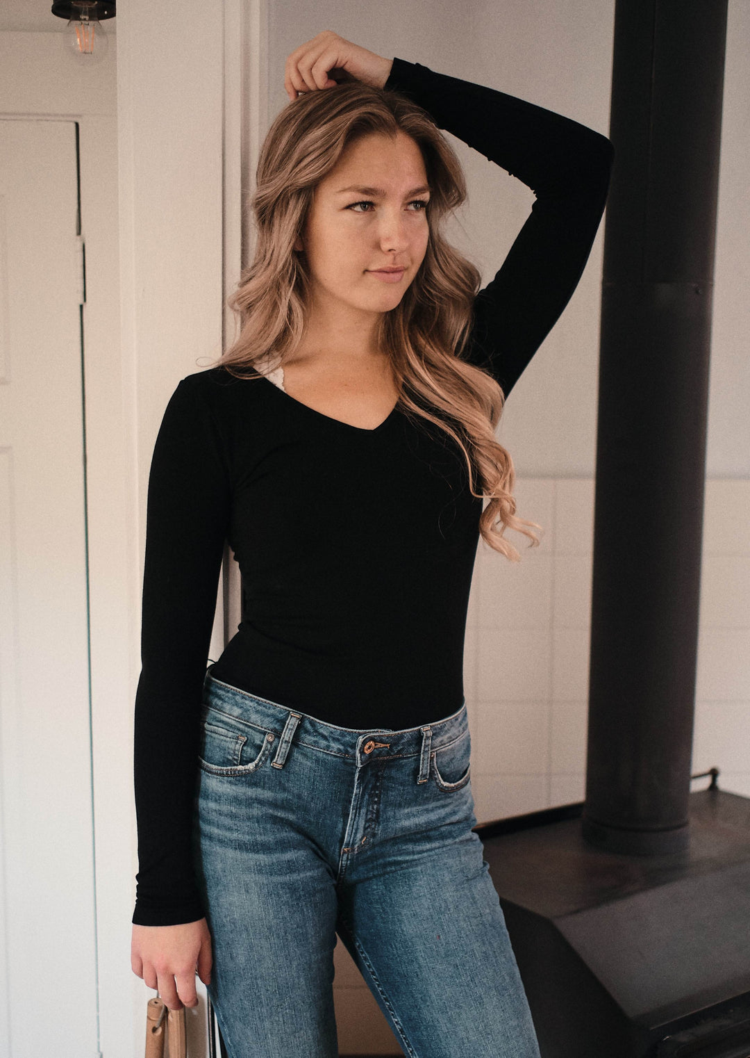 Bamboo Layering V Neck Top (Black)