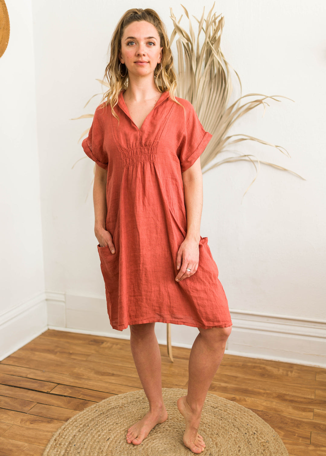 Rust linen dress with pockets from Vibe Apparel Canada