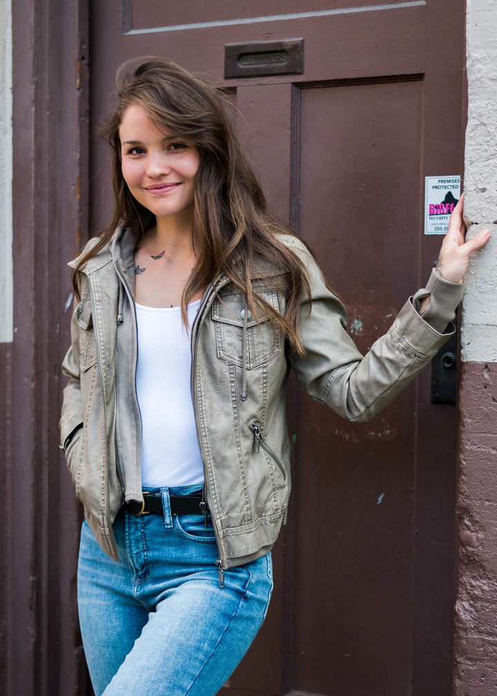Girl Next Door Vegan Leather Jacket (Taupe)