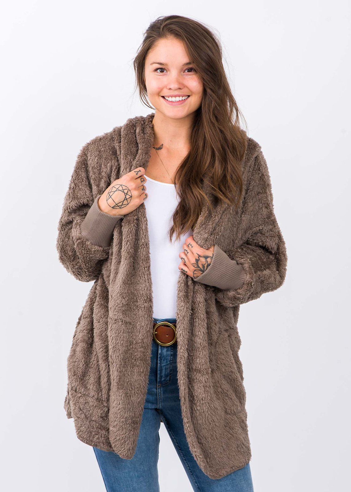 Teddy Bear Plush Cardigan Ash Brown Vibe Apparel