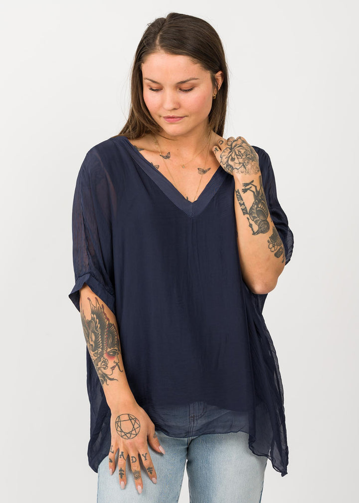 Millie Silk V Tee (Navy)