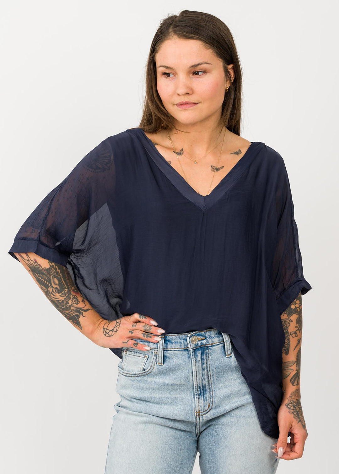Millie Silk V Tee (Navy)