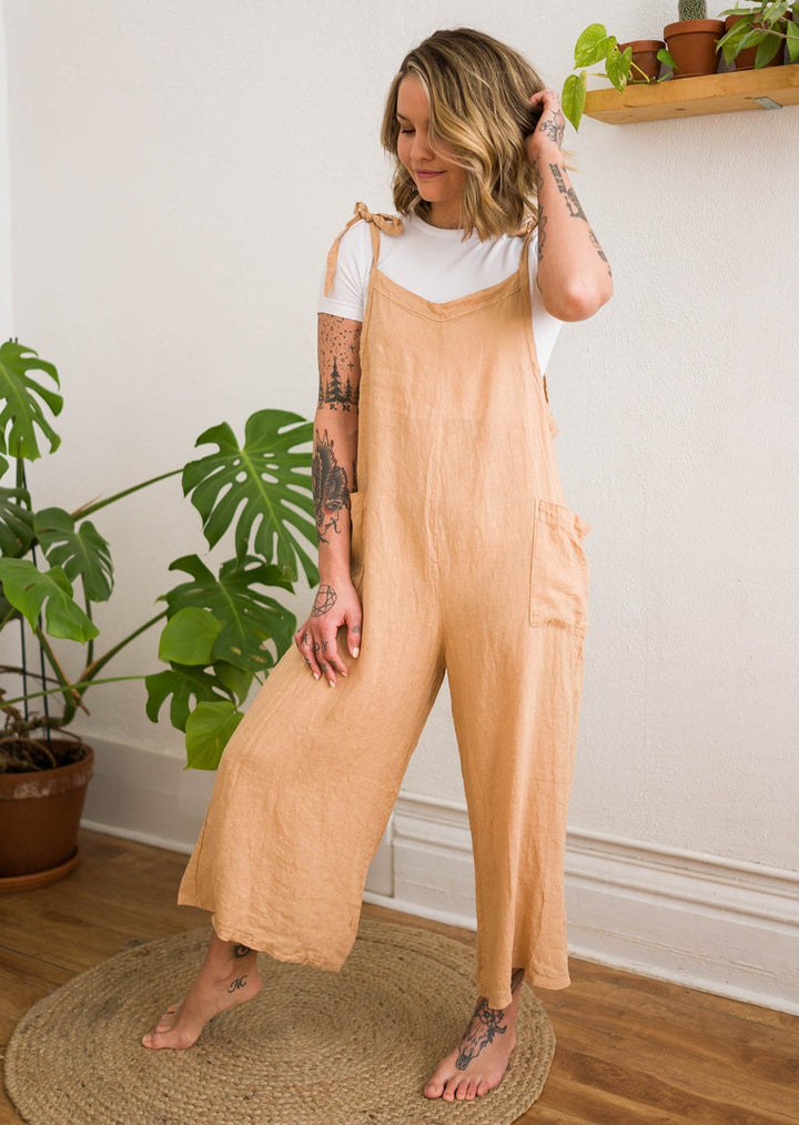 100% Linen wide leg jumpsuit with pockets and adjustable ties